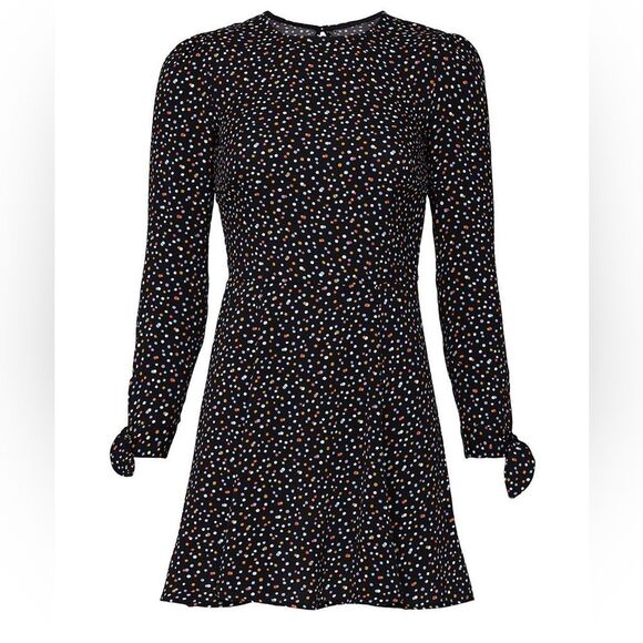 Reformation Long Sleeve Samantha Black Multicolor Mini Dot Dress Size 6 - Picture 3 of 9